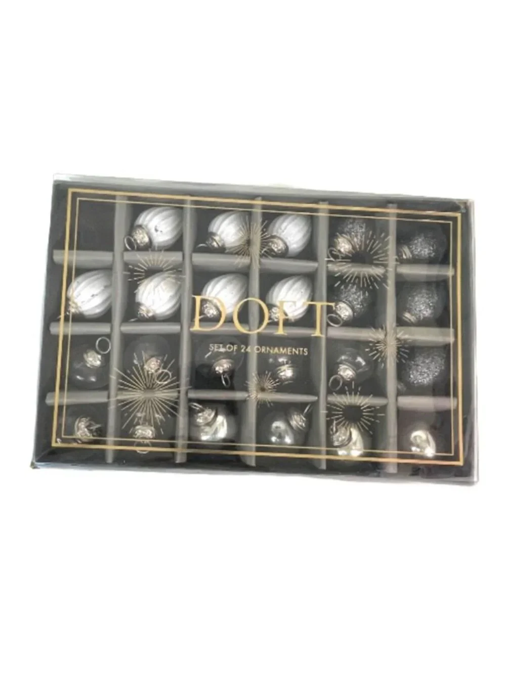 DOFT Mini Mercury Glass Christmas Ornaments Set White Silver Clear w/ Box Lid